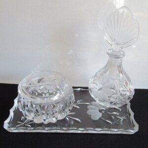 Vanity Set, Perfume decanter, Tray, Trinket box w/ lid, Heritage design, Vintage
